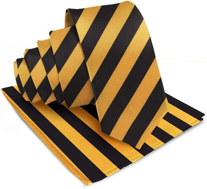 Vittorio Farina Men's Striped Satin Necktie & Pocket Square - Gold and Black - Necktie & Pocket Square - Vittorio Farina