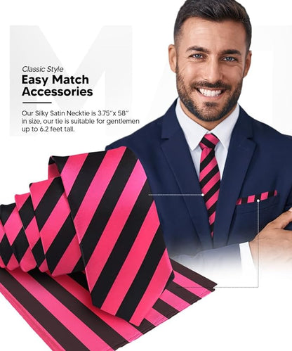 Vittorio Farina Men's Striped Satin Necktie & Pocket Square - Hot Pink and Black - Necktie & Pocket Square - Vittorio Farina