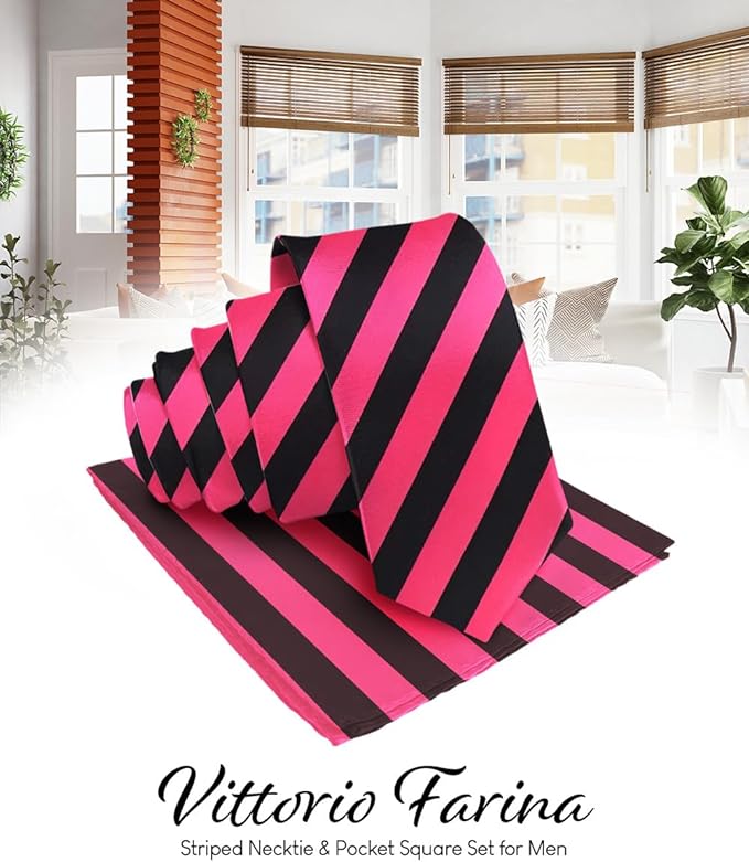 Vittorio Farina Men's Striped Satin Necktie & Pocket Square - Hot Pink and Black - Necktie & Pocket Square - Vittorio Farina