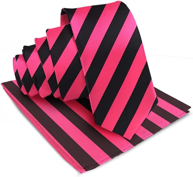 Vittorio Farina Men's Striped Satin Necktie & Pocket Square - Hot Pink and Black - Necktie & Pocket Square - Vittorio Farina
