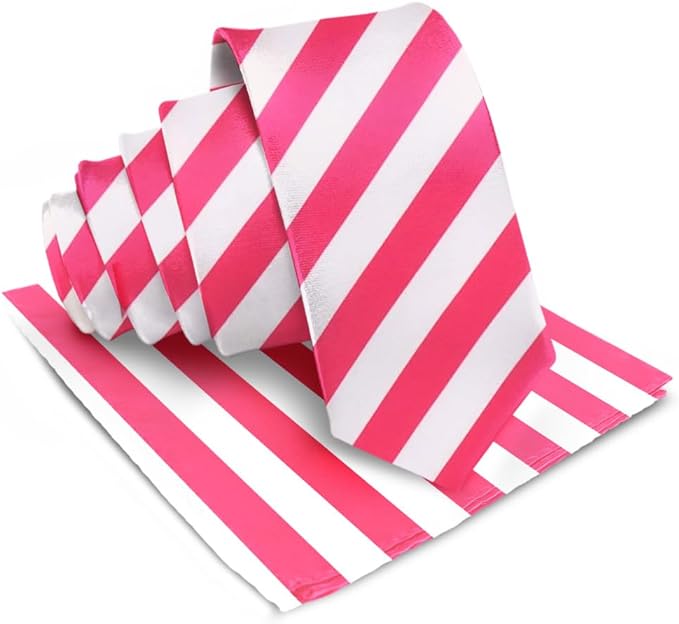 Vittorio Farina Men's Striped Satin Necktie & Pocket Square - Hot Pink and White - Necktie & Pocket Square - Vittorio Farina