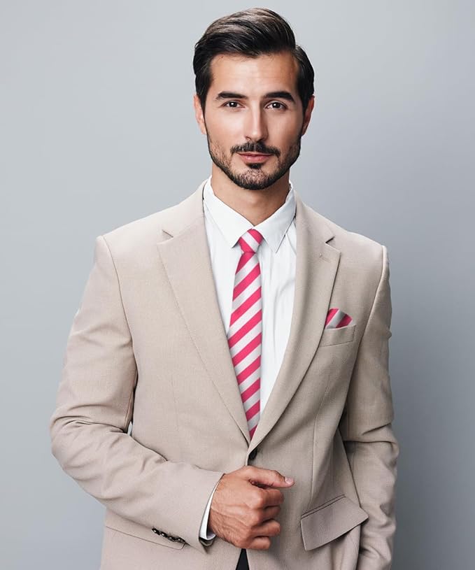 Vittorio Farina Men's Striped Satin Necktie & Pocket Square - Hot Pink and Black - Necktie & Pocket Square - Vittorio Farina