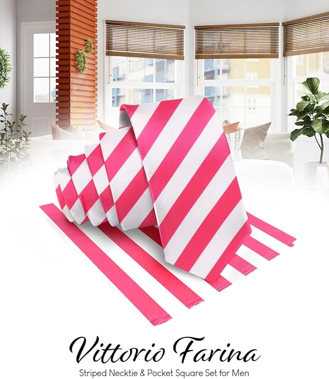 Vittorio Farina Men's Striped Satin Necktie & Pocket Square - Hot Pink and Black - Necktie & Pocket Square - Vittorio Farina