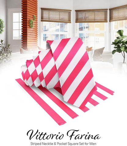 Vittorio Farina Men's Striped Satin Necktie & Pocket Square - Hot Pink and Black - Necktie & Pocket Square - Vittorio Farina