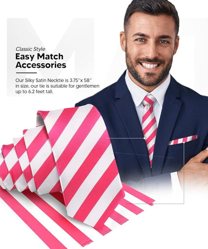 Vittorio Farina Men's Striped Satin Necktie & Pocket Square - Hot Pink and Black - Necktie & Pocket Square - Vittorio Farina