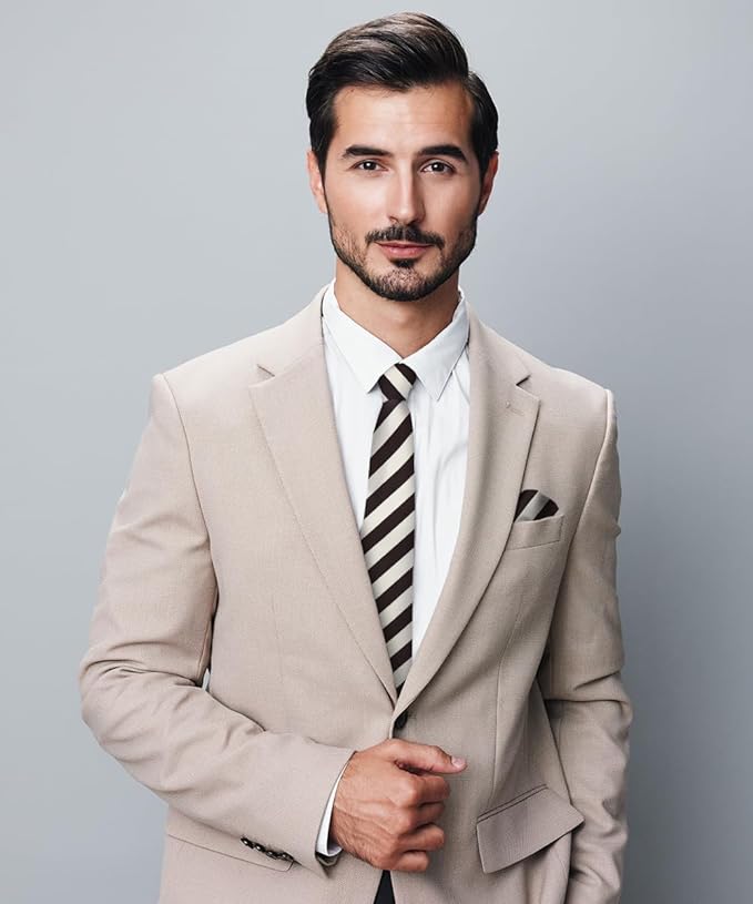 Vittorio Farina Men's Striped Satin Necktie & Pocket Square - Ivory and Brown - Necktie & Pocket Square - Vittorio Farina