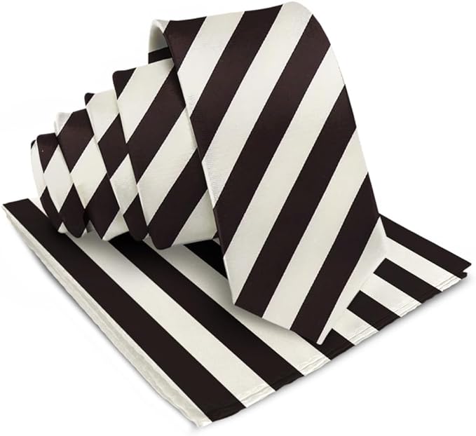 Vittorio Farina Men's Striped Satin Necktie & Pocket Square - Ivory and Brown - Necktie & Pocket Square - Vittorio Farina