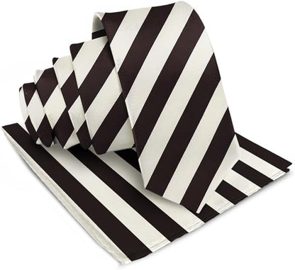 Vittorio Farina Men's Striped Satin Necktie & Pocket Square - Ivory and Brown - Necktie & Pocket Square - Vittorio Farina