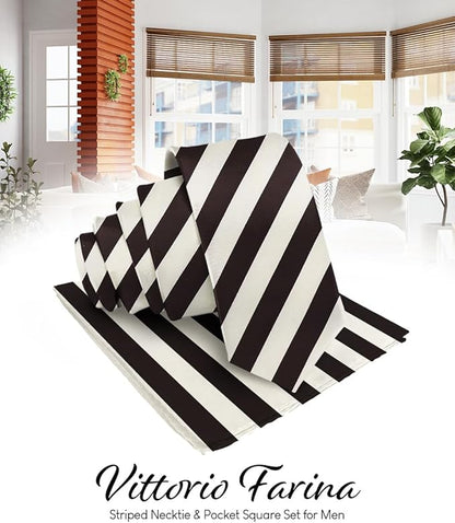Vittorio Farina Men's Striped Satin Necktie & Pocket Square - Ivory and Brown - Necktie & Pocket Square - Vittorio Farina