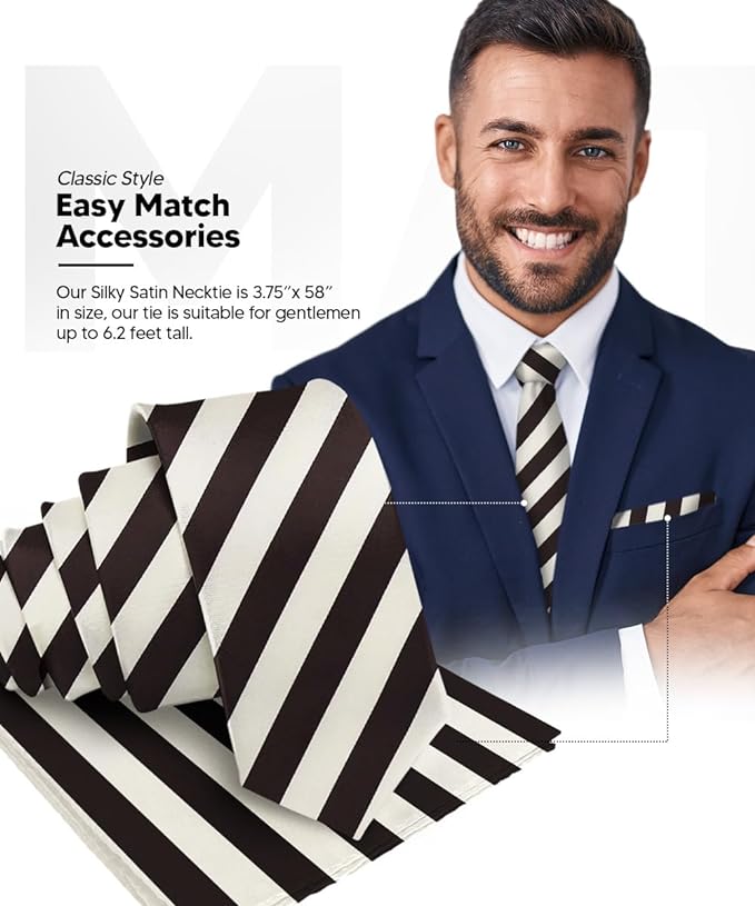 Vittorio Farina Men's Striped Satin Necktie & Pocket Square - Ivory and Brown - Necktie & Pocket Square - Vittorio Farina
