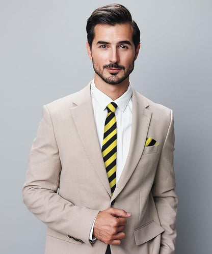 Vittorio Farina Men's Striped Satin Necktie & Pocket Square - Lemon and Black - Necktie & Pocket Square - Vittorio Farina