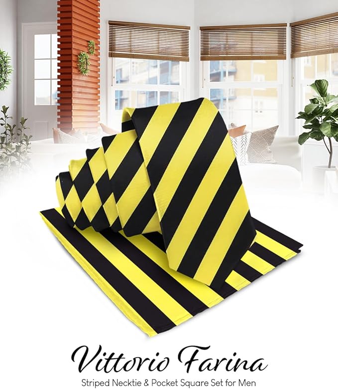 Vittorio Farina Men's Striped Satin Necktie & Pocket Square - Lemon and Black - Necktie & Pocket Square - Vittorio Farina