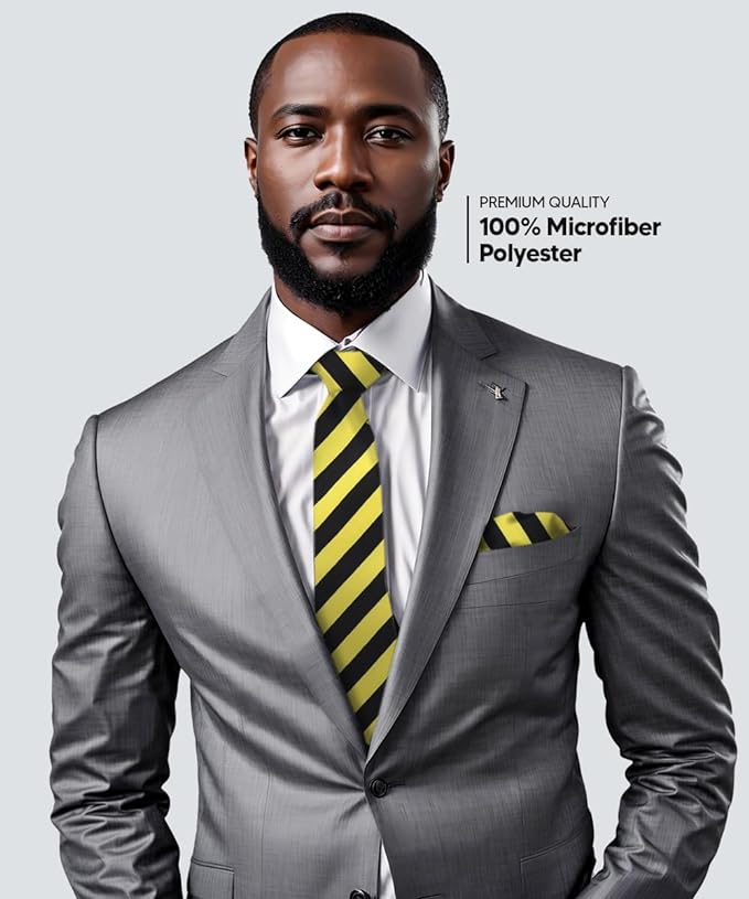 Vittorio Farina Men's Striped Satin Necktie & Pocket Square - Lemon and Black - Necktie & Pocket Square - Vittorio Farina