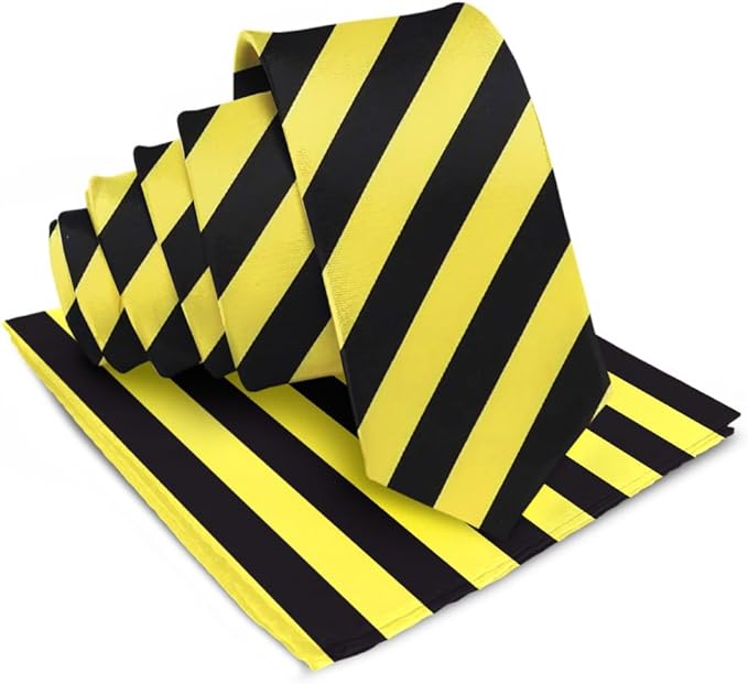 Vittorio Farina Men's Striped Satin Necktie & Pocket Square - Lemon and Black - Necktie & Pocket Square - Vittorio Farina
