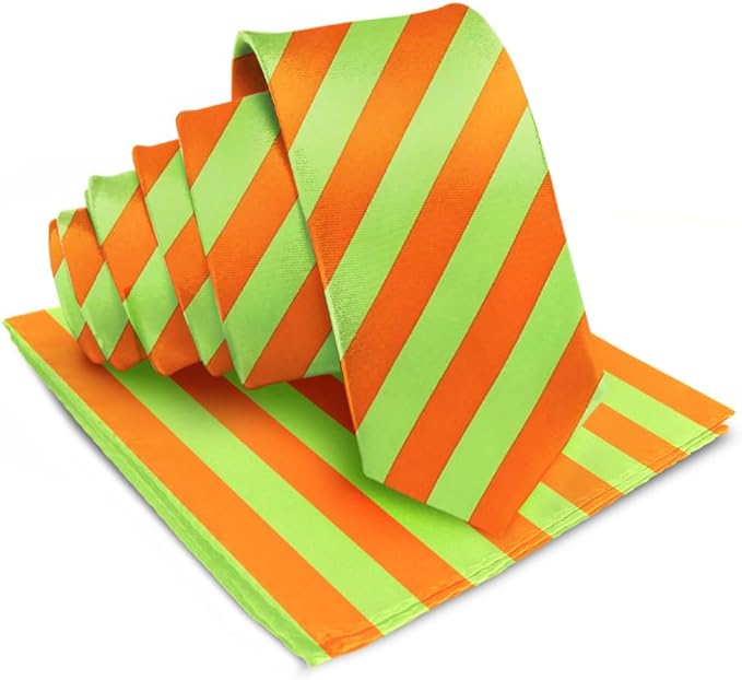Vittorio Farina Men's Striped Satin Necktie & Pocket Square - Lime Green and Orange - Necktie & Pocket Square - Vittorio Farina