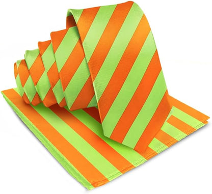 Vittorio Farina Men's Striped Satin Necktie & Pocket Square - Lime Green and Orange - Necktie & Pocket Square - Vittorio Farina