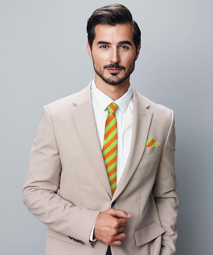 Vittorio Farina Men's Striped Satin Necktie & Pocket Square - Beige and Brown - Necktie & Pocket Square - Vittorio Farina