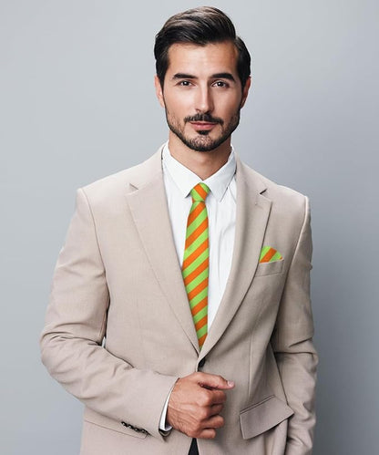 Vittorio Farina Men's Striped Satin Necktie & Pocket Square - Beige and Brown - Necktie & Pocket Square - Vittorio Farina