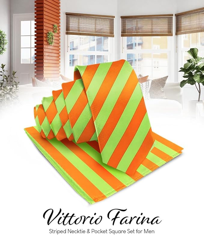 Vittorio Farina Men's Striped Satin Necktie & Pocket Square - Beige and Brown - Necktie & Pocket Square - Vittorio Farina