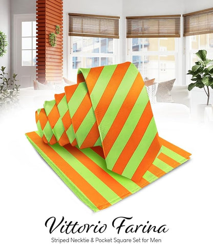Vittorio Farina Men's Striped Satin Necktie & Pocket Square - Beige and Brown - Necktie & Pocket Square - Vittorio Farina