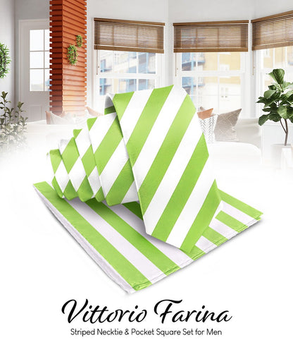 Vittorio Farina Men's Striped Satin Necktie & Pocket Square - Pink and Black - Necktie & Pocket Square - Vittorio Farina