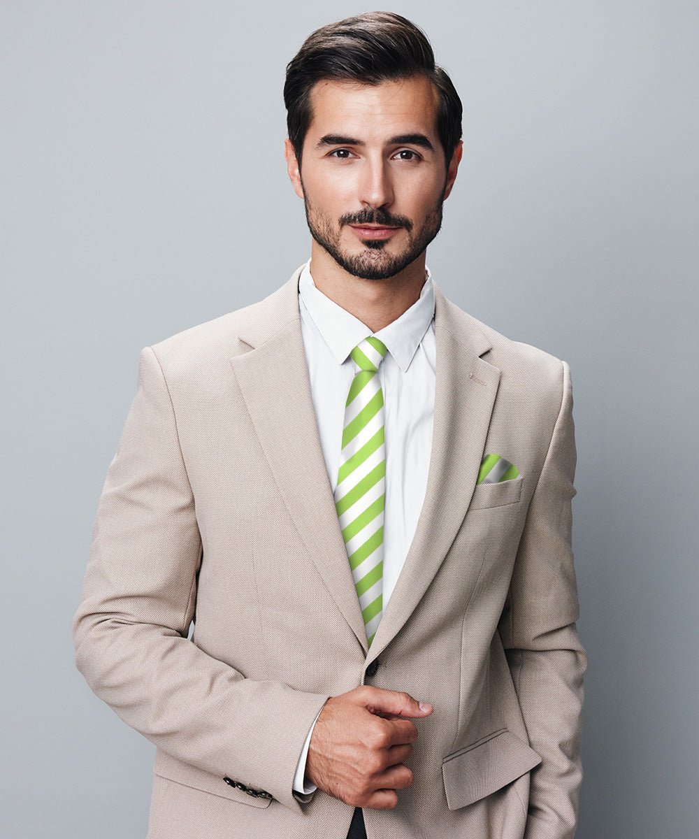 Vittorio Farina Men's Striped Satin Necktie & Pocket Square - Lime Green and White - Necktie & Pocket Square - Vittorio Farina