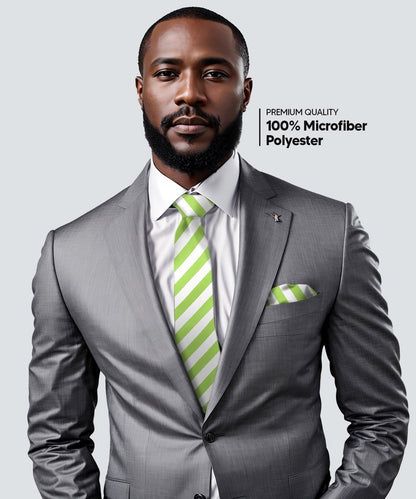 Vittorio Farina Men's Striped Satin Necktie & Pocket Square - Lime Green and White - Necktie & Pocket Square - Vittorio Farina
