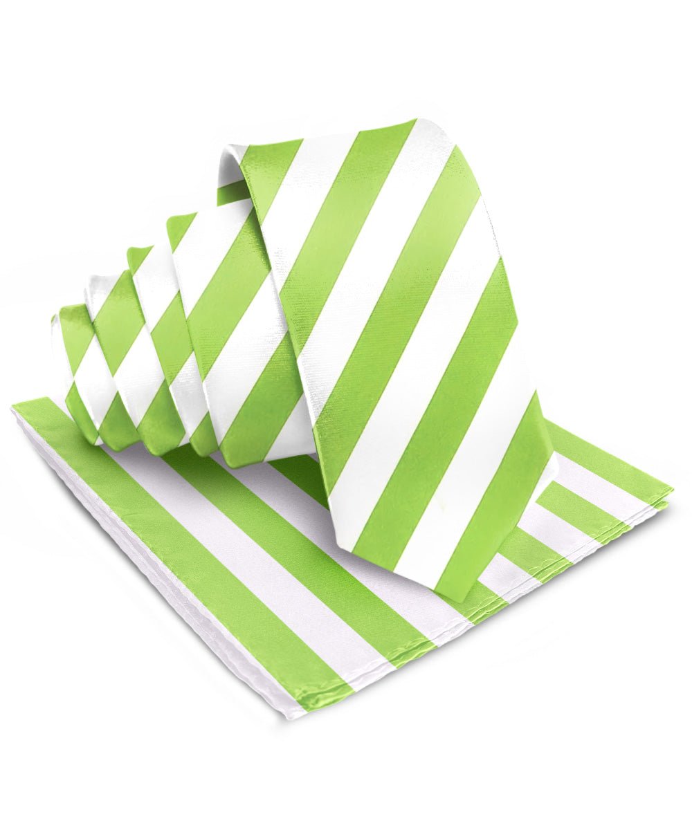Vittorio Farina Men's Striped Satin Necktie & Pocket Square - Lime Green and White - Necktie & Pocket Square - Vittorio Farina