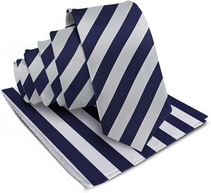 Vittorio Farina Men's Striped Satin Necktie & Pocket Square - Navy Blue and Gray - Necktie & Pocket Square - Vittorio Farina