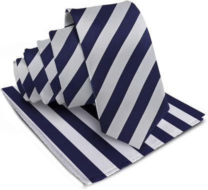 Vittorio Farina Men's Striped Satin Necktie & Pocket Square - Navy Blue and Gray - Necktie & Pocket Square - Vittorio Farina