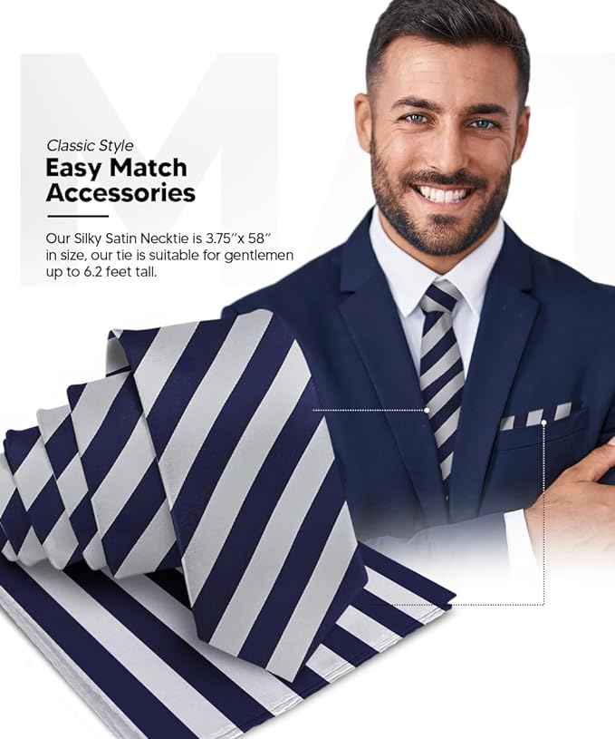 Vittorio Farina Men's Striped Satin Necktie & Pocket Square - Navy Blue and Gray - Necktie & Pocket Square - Vittorio Farina