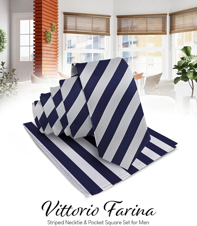 Vittorio Farina Men's Striped Satin Necktie & Pocket Square - Navy Blue and Gray - Necktie & Pocket Square - Vittorio Farina