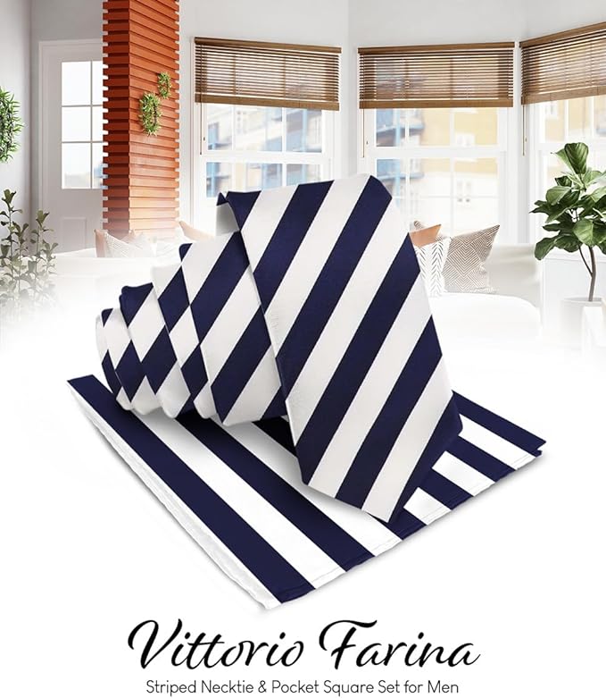 Vittorio Farina Men's Striped Satin Necktie & Pocket Square - Navy Blue and White - Necktie & Pocket Square - Vittorio Farina