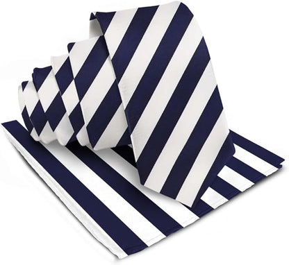 Vittorio Farina Men's Striped Satin Necktie & Pocket Square - Navy Blue and White - Necktie & Pocket Square - Vittorio Farina
