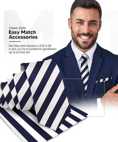 Vittorio Farina Men's Striped Satin Necktie & Pocket Square - Navy Blue and White - Necktie & Pocket Square - Vittorio Farina