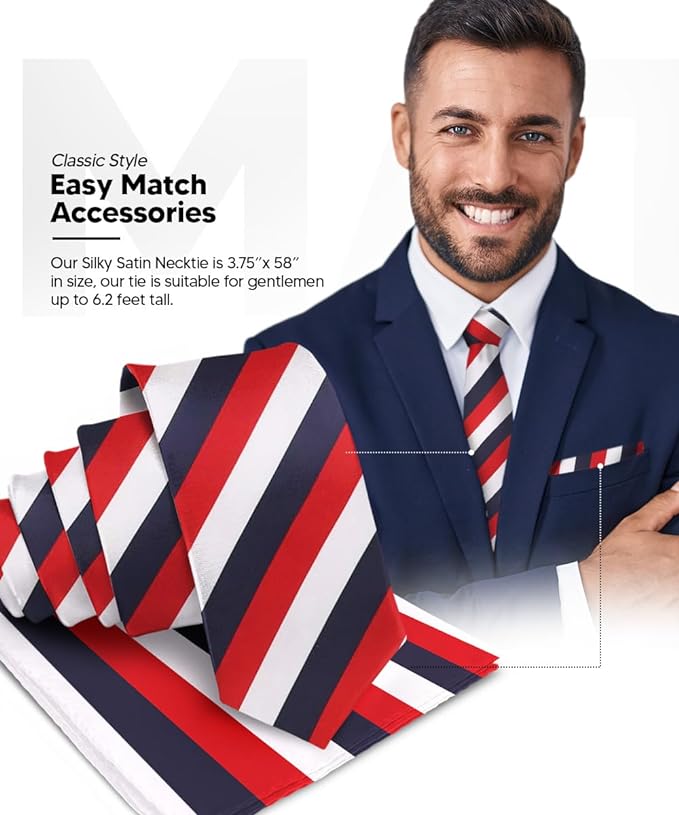 Vittorio Farina Men's Striped Satin Necktie & Pocket Square - Navy Blue, Red and White - Necktie & Pocket Square - Vittorio Farina