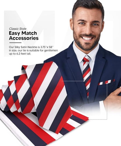 Vittorio Farina Men's Striped Satin Necktie & Pocket Square - Navy Blue, Red and White - Necktie & Pocket Square - Vittorio Farina