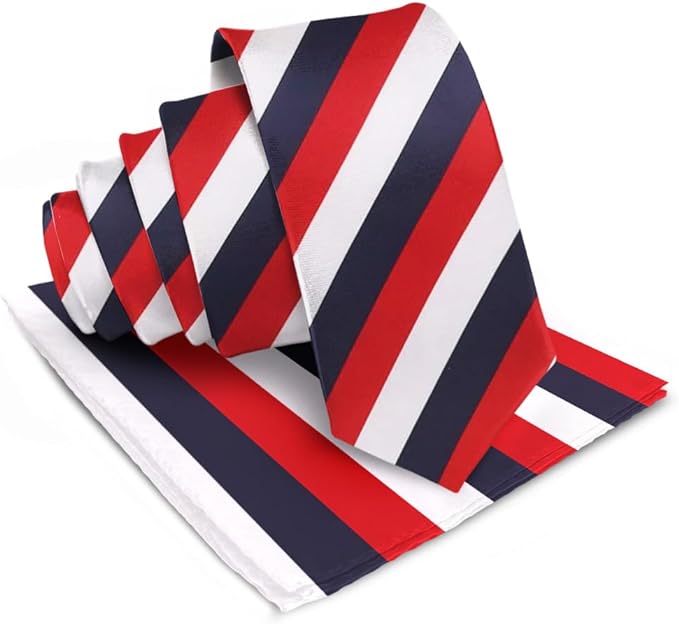 Vittorio Farina Men's Striped Satin Necktie & Pocket Square - Navy Blue, Red and White - Necktie & Pocket Square - Vittorio Farina