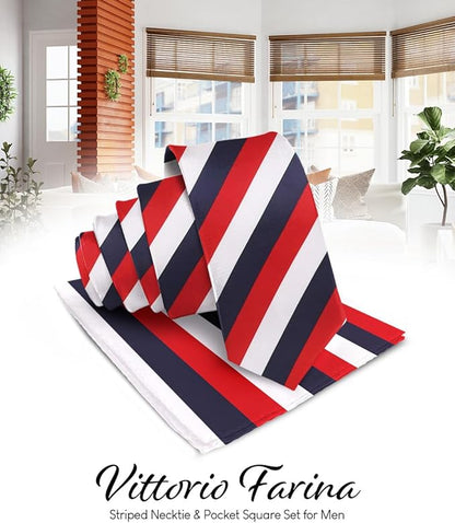 Vittorio Farina Men's Striped Satin Necktie & Pocket Square - Navy Blue, Red and White - Necktie & Pocket Square - Vittorio Farina