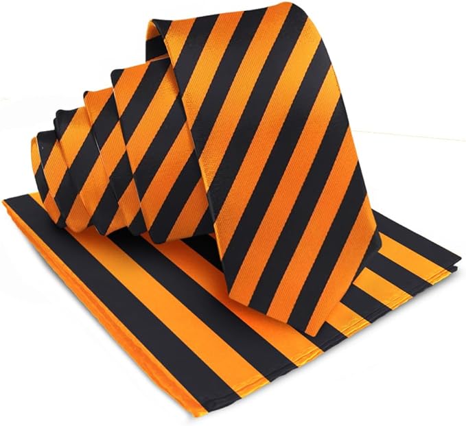Vittorio Farina Men's Striped Satin Necktie & Pocket Square - Orange and Black - Necktie & Pocket Square - Vittorio Farina