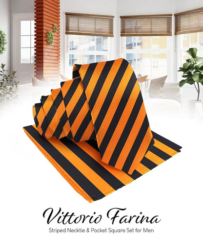 Vittorio Farina Men's Striped Satin Necktie & Pocket Square - Orange and Black - Necktie & Pocket Square - Vittorio Farina