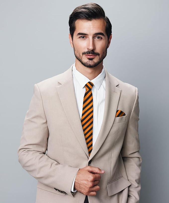 Vittorio Farina Men's Striped Satin Necktie & Pocket Square - Orange and Black - Necktie & Pocket Square - Vittorio Farina