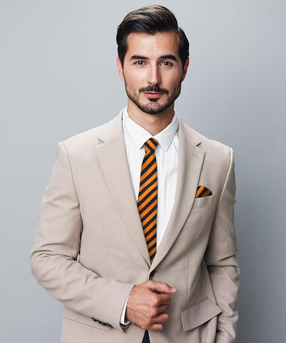 Vittorio Farina Men's Striped Satin Necktie & Pocket Square - Orange and Black - Necktie & Pocket Square - Vittorio Farina