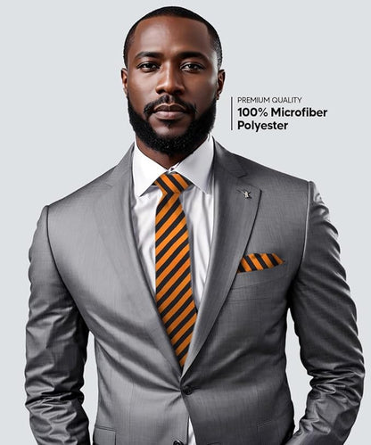 Vittorio Farina Men's Striped Satin Necktie & Pocket Square - Orange and Black - Necktie & Pocket Square - Vittorio Farina