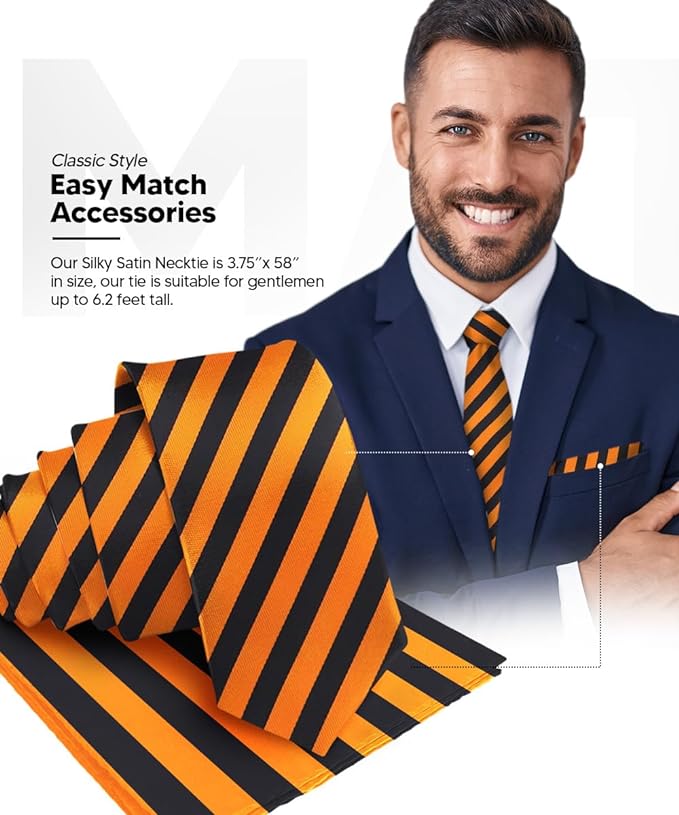 Vittorio Farina Men's Striped Satin Necktie & Pocket Square - Orange and Black - Necktie & Pocket Square - Vittorio Farina