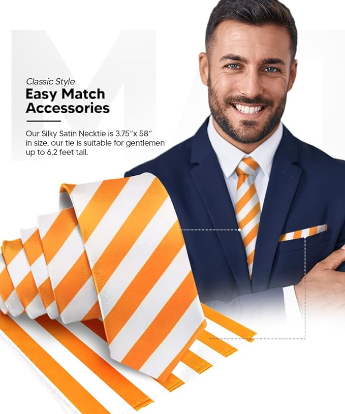 Vittorio Farina Men's Striped Satin Necktie & Pocket Square - Orange and White - Necktie & Pocket Square - Vittorio Farina
