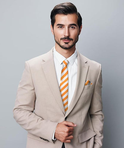 Vittorio Farina Men's Striped Satin Necktie & Pocket Square - Orange and White - Necktie & Pocket Square - Vittorio Farina