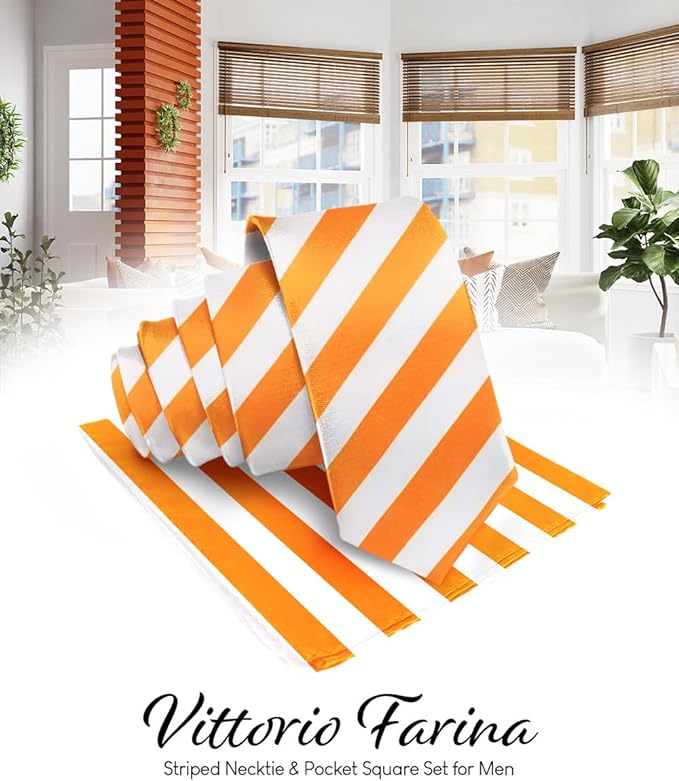 Vittorio Farina Men's Striped Satin Necktie & Pocket Square - Orange and White - Necktie & Pocket Square - Vittorio Farina