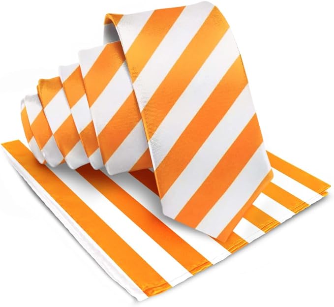 Vittorio Farina Men's Striped Satin Necktie & Pocket Square - Orange and White - Necktie & Pocket Square - Vittorio Farina
