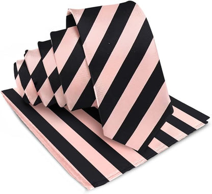 Vittorio Farina Men's Striped Satin Necktie & Pocket Square - Pink and Black - Necktie & Pocket Square - Vittorio Farina